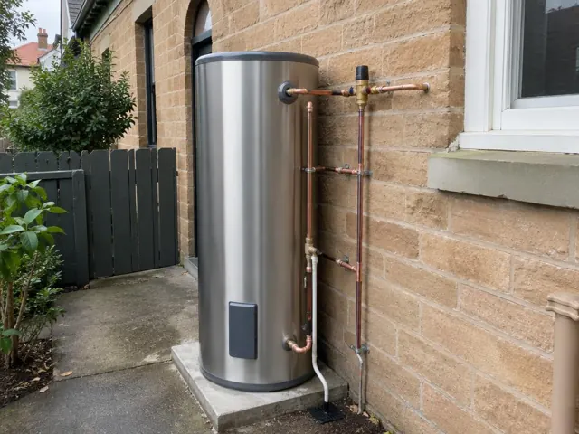 Stainless hot water system beside a brick house wall and window in Stanmore